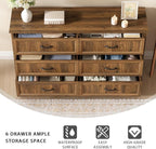 Farmhouse 6 Drawer Dresser for Bedroom, 55 Inch Wide Modern Walnut Dresser TV Stand with Large Drawers & Bar Handles, Rustic Wood Chest of Drawers for Bedroom, Living Room, Hallway, Entryway.