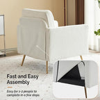 VINGLI Upholstered Living Room Chairs White Accent Chair Fluffy Teddy Fabric Mid Century Modern Sofa Chairs with Arms, Gold Legs for Reading, Bedroom, Waiting Room