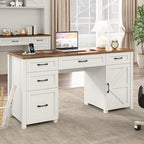 Farmhouse 61'' Executive Desk with 5 Drawers, Rustic Office Desk Computer Desk with Charging Station, File Drawers and Storage Cabinet, Wood Workstation for Home Office and Study, Unique White