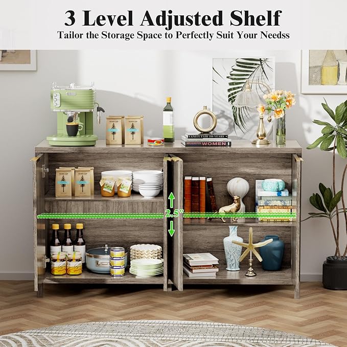 Fluted Sideboard Buffet Cabinet, 55" Large Storage Buffet Cabinet with 4 Doors and Adjustable Shelves, Modern Sideboard Console Table for Living Room,Entryway,Dinning Room,Kitchen-Grey