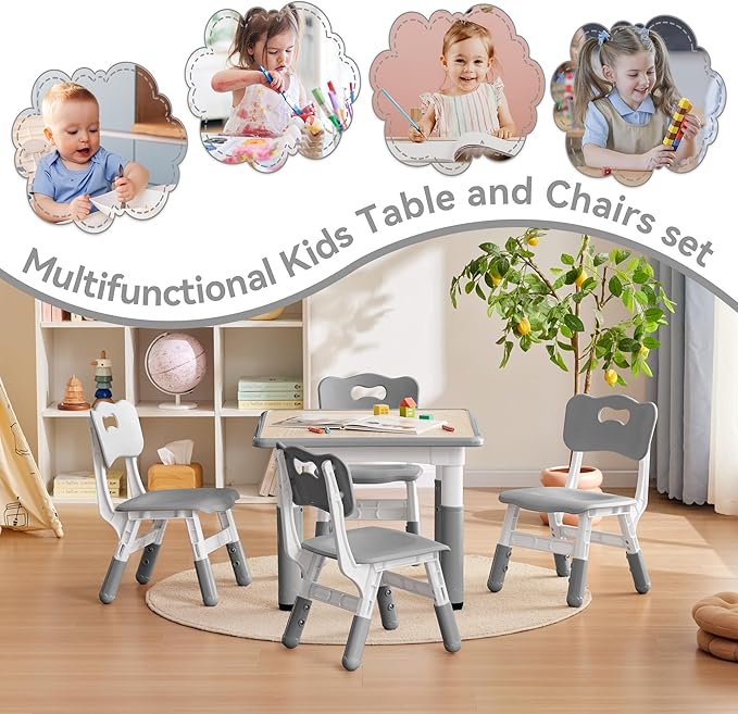Kids Study Table and Chairs Set, Height Adjustable Toddler Table and Chair Set for Kids Ages 3-8, 23.6" L x 23.6" W Graffiti Desktop Plastic Children Art Table with 4 Seats, W-Grey