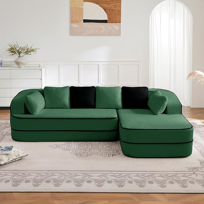 Cloud Sectional Sofa Modern Boneless Couch for Living Room, Comfy Deep Seat Comfy Teddy Fabric Double Sofa Chaise No Assembly Required (Green, 106" L Shape with Right Facing)