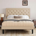 Allewie Full Size Button Tufted/Fabric Upholstered Bed Frame with Adjustable Headboard/Wood Slat Support/Mattress Foundation/Beige