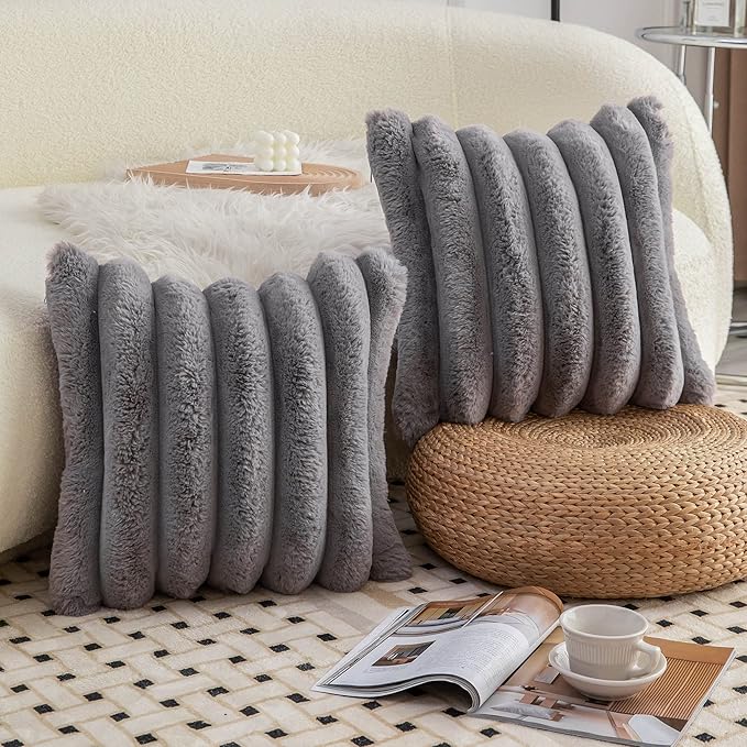 Neelvin Grey Faux Fur Cozy Soft Striped Decorative Throw Pillow Covers 16x16 inch Set of 2,Velvet Pillowcase Cushion Case for Sofa Couch