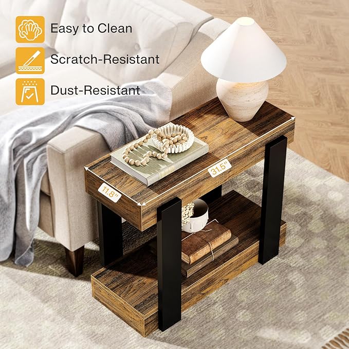 Tribesigns Narrow End Table, 2-Tier Farmhouse Side Table with Storage Shelf for Living Room, Rectangular Night Stand and Bedside Tables for Bedroom, Brown