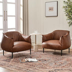 KINWELL 33" W Faux Leather Barrel Chairs Set of 2 with Hand-Tufted Pleated Back Flared Arms, Modern PU Upholstered Accent Chairs with Metal Legs, Large Armchairs Lounge Chairs for Living Room, Brown