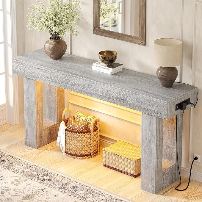 Unikito 63'' Farmhouse Console Table with Power Outlets and Sensor Light, Wooden Entryway Table with Storage, Rectangular Sofa Tables Behind The Couch for Entrance, Hallway, Living Room, White Oak