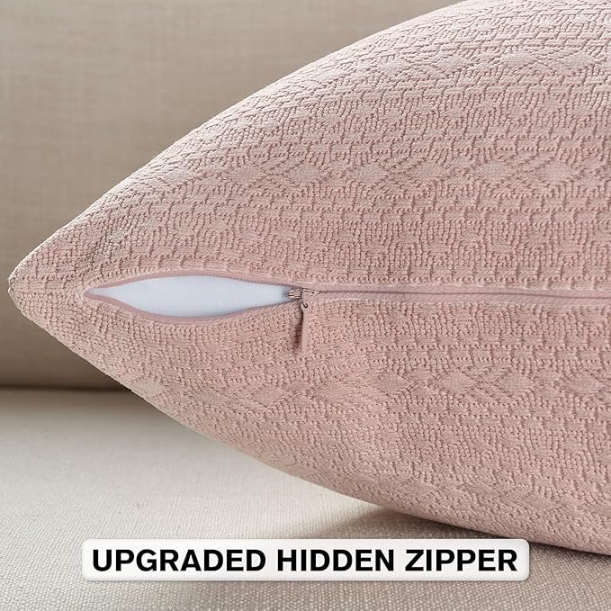 FUTEI Pink Chenille Throw Pillow Covers 22x22 Inch Set of 2,Soft Striped & Diamond Textured Cushion Cases,Modern Home Decor for Couch Living Room
