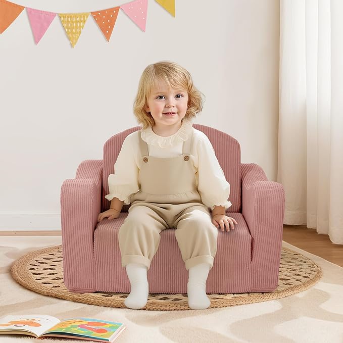 Comfy Toddler Chair for Kids, 2-in-1 Toddler Soft Plush Couch Fold Out, Convertible Kids Couch to Lounger, Baby Sofa for Boys and Girls, Pink