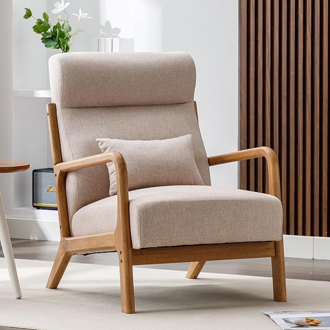 ANJHOME Mid Century Modern Accent Chair with High Back, Single Lounge Armchair with Solid Wood Frame, Comfy Reading Chair for Living Room, Easy Assembly