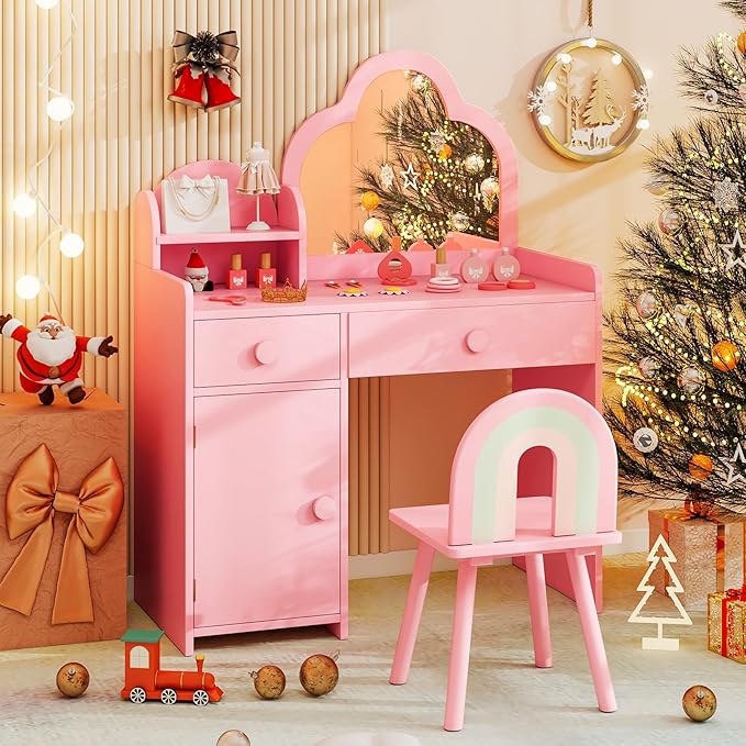 Costzon Kids Vanity, 2 in 1 Girls Vanity Set with Mirror, Drawers, Storage Shelf & Cabinet, Toddler Makeup Desk Dressing Table, Kids Vanity Table and Chair Set for Little Girls (Pink)