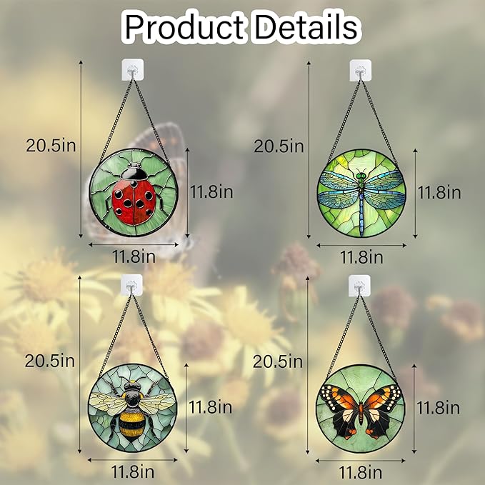 Stained Glass Window Hanging 4 Pcs Set Butterfly Dragonfly Bee Ladybug Large 11.8" - Suncatcher Door Garden Sun Catcher Decor Birthday Mother's Day for Mom Woman Nana Men