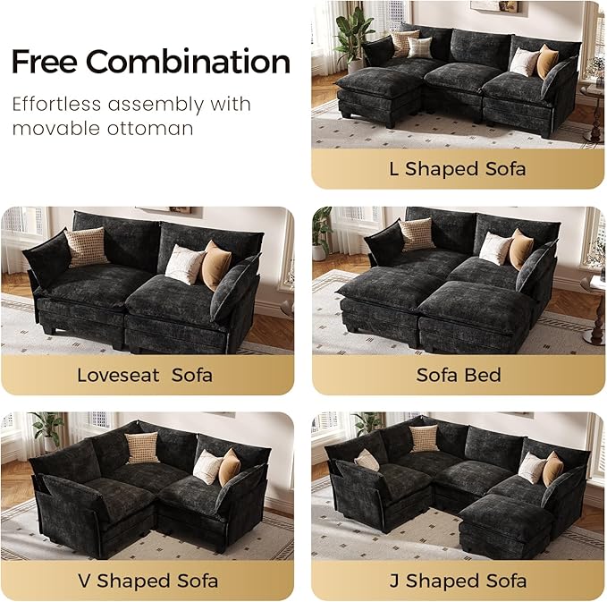 KKL Modular Sectional Sofa, J-Shaped 5 Seater Convertible L-Shaped Cloud Couch with Ottoman, Chenille Modern Sectional Couches for Living Room, Apartment Black