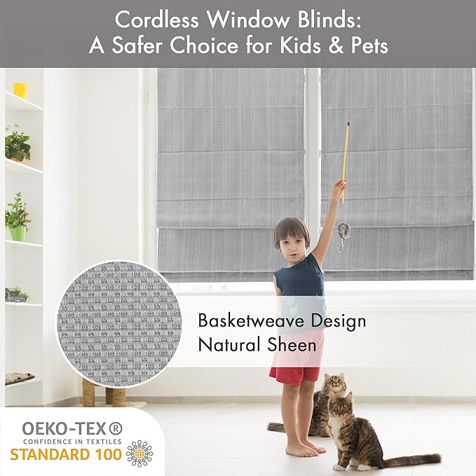 Madison Park Galen Cordless Roman Shade, 29"W x 64"H, Sheen Grey – Room Darkening, Thermal Insulated, Energy Efficient Window Blind with Subtle Sheen Basketweave Fabric for Privacy