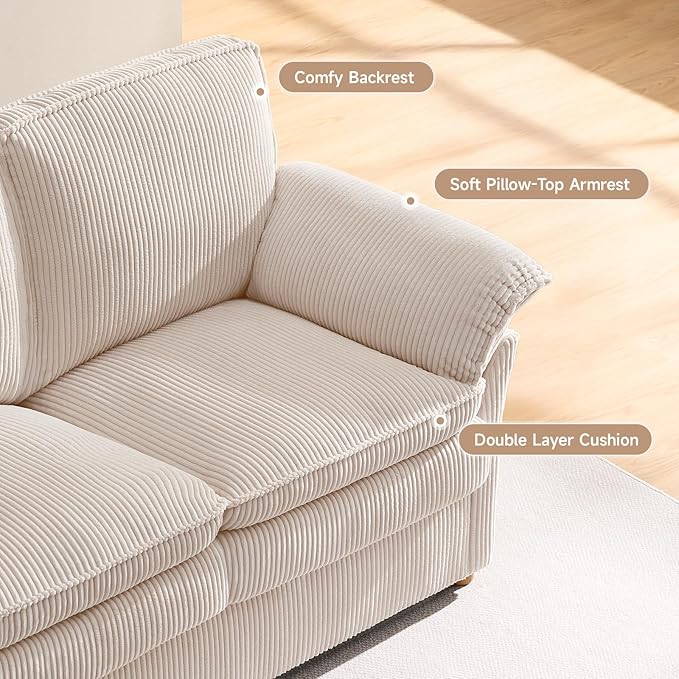 ONBRILL 86.6" Corduroy Couches for Living Room, Comfy 3 Seater Sofa with Pillow-Top Armrest & Dual-Layer Cushions, Mid Century Modern Couch for Bedroom, Apartment, Beige