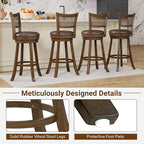 COSTWAY 30” Swivel Bar Height Barstool Set of 2, Rubber Wood Bar Stools with Rattan Backrest, Footrest, Upholstered Leathaire Armless Chairs for Kitchen Island, Pub, Brown (4, 30” Seat Height)