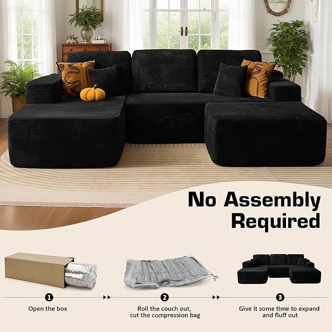 106" Cloud Sectional Couch with L-Shape Chaise & Ottoman, No Assembly Modular Sofa, Deep Seat Corduroy Boneless Couched for Living Room (Black Stripe Corduroy, Left Facing Chaise with Ottoman)