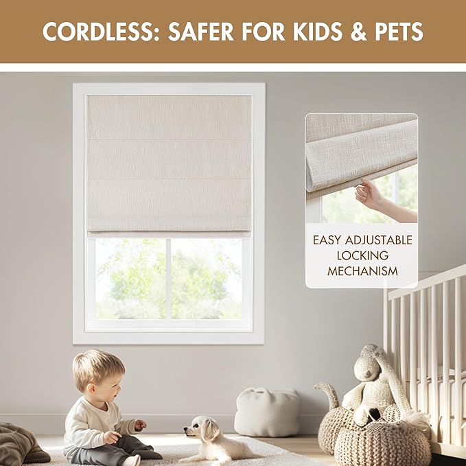 Madison Park Cordless Roman Shades, Total Blackout Window Blind Privacy Window Shades, Thermal Insulated Cordless Window Treatment for Bedroom, Living Room, Quincy, Single Panel 27" W X 64" H Linen