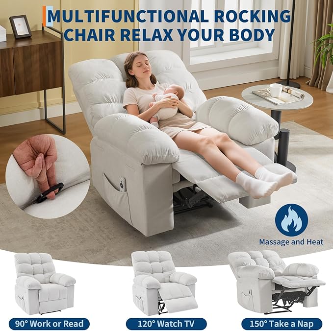 Recliner Rocking Chair with Massage and Heat, Wide Overstuffed Ergonomic Fabric Recliner with Breathable Upholstery, 2 Side Pockets & Remote Control for Living Room or Bedroom