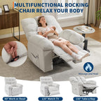 Recliner Rocking Chair with Massage and Heat, Wide Overstuffed Ergonomic Fabric Recliner with Breathable Upholstery, 2 Side Pockets & Remote Control for Living Room or Bedroom