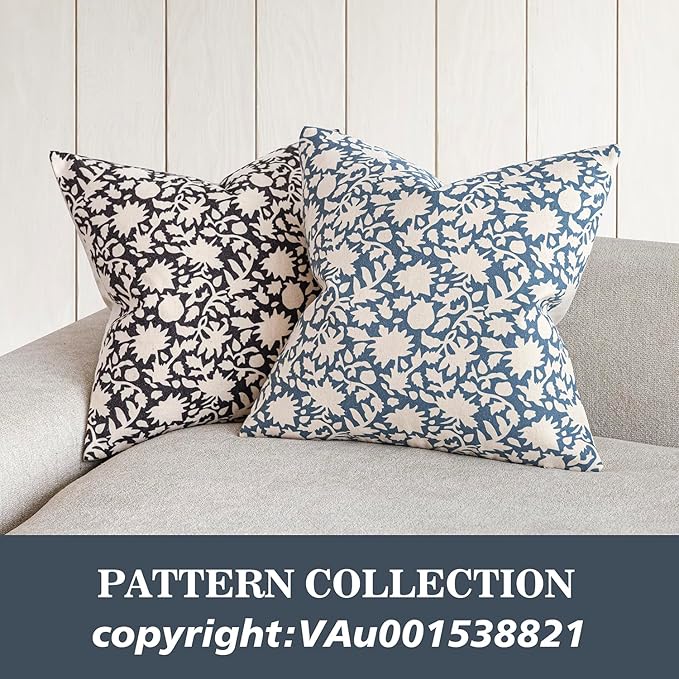 Foindtower Set of 2 Decorative Neutral Floral Throw Pillow Covers Accent Farmhouse Cushion Covers Boho Vintage Pillowcase for Couch Sofa Bedroom Living Room Home Decor,24×24 Inch,Dusty Blue