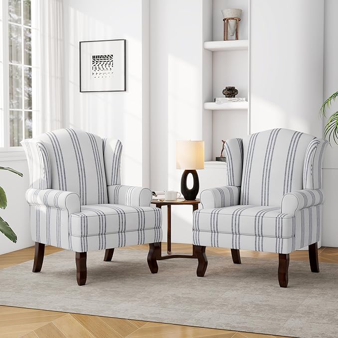 Accent Chair, High Back Upholstered Armchair with High Resilience Sponge & Wood Legs, Mid-Century Modern Comfy Single Sofa Reading Chairs for Living Room, Bedroom - Stripe Navy, Set of 1