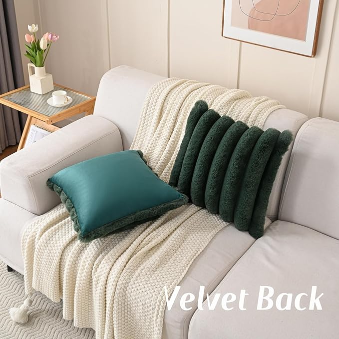 FUTEI Christmas Dark Green Decorative Throw Pillow Covers 22x22 Inch Set of 2, Square Soft Faux Rabbit Fur Thick Striped Cushion Cover,Winter Home Decor for Couch Bed Living Room