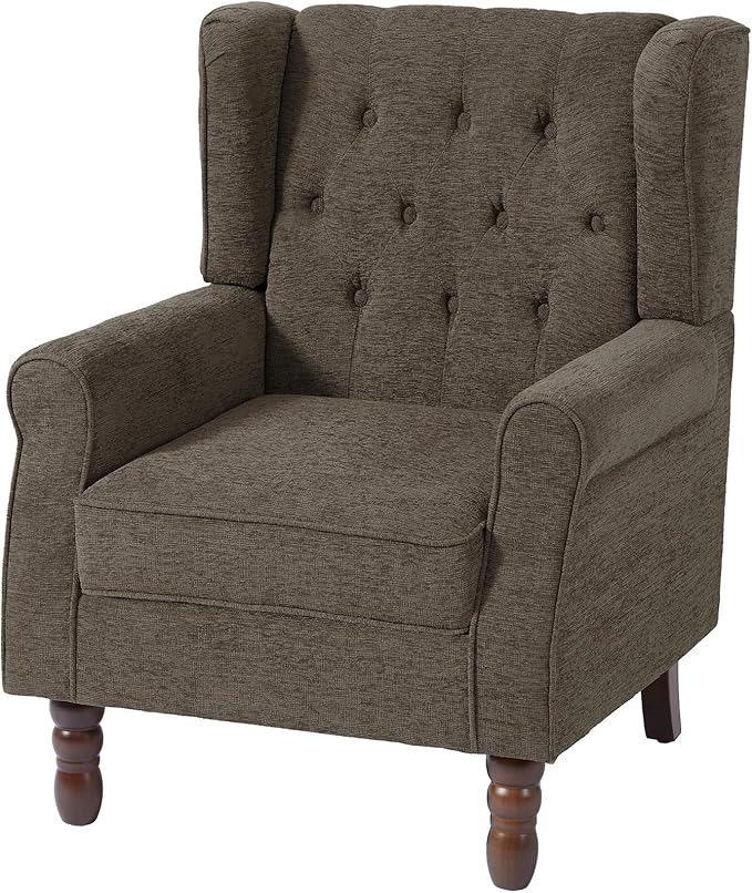 UIXE High Back Accent Chair, Fabric Upholstered Armchair Comfy Wingback Arm Club Chair for Living Room, Retro Single Sofa Bedroom Reading Seat with Solid Wood Legs - Taupe