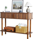 RARZOE Console Table with Storage, Fluted Entryway Table with Sliding Door&Open Shelf, Sofa Table Behind Couch, Mid-Century Modern Accent Table for Hallway, Entrance, Foyer, Fully Assembled(Walnut)