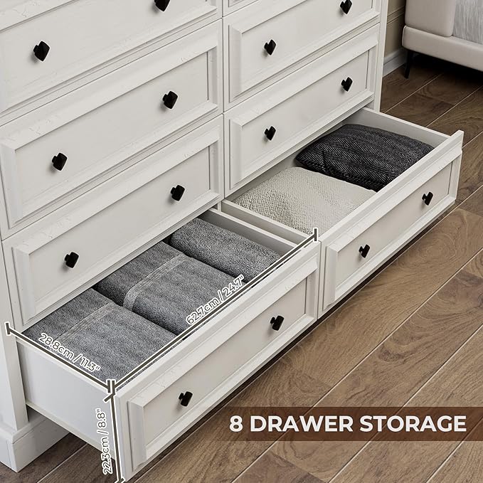 Farmhouse 8 Drawer Dresser for Bedroom, 54" Wide Wood Dresser with Natural Texture, Vintage Metal Double Hand Knobs, Rustic Chest of Drawers for Bedroom, Living Room, Hallway, Antique White