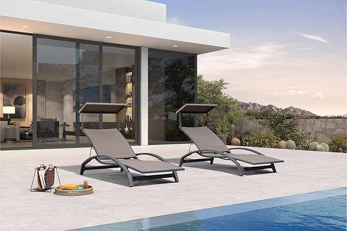 PURPLE LEAF Patio Lounge Chair with Canopy Shade Outdoor Chaise Lounge Chair Set of 2 for Lawn Poolside Backyard Sunbathing Tanning Chairs with Arm Brown