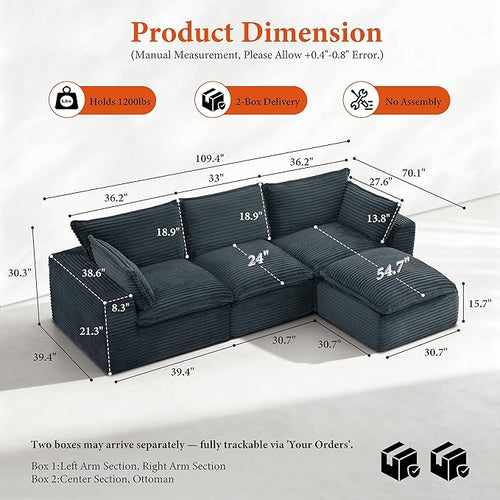 108" Sectional Couches for Living Room Boneless Couch Upholstered Cloud Couch Sectional Modular Sectional Sofa with L Shaped (Corduroy-Blue, 3 Seat+1 Ottoman)