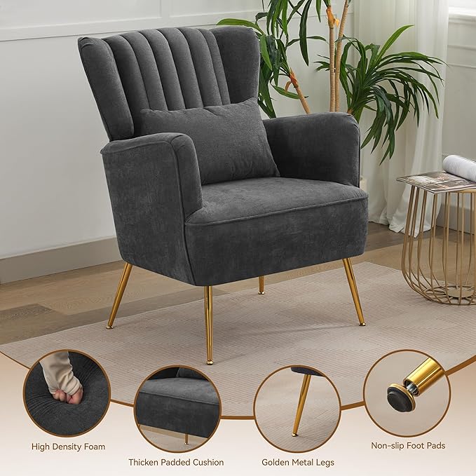 Fabric Accent Living Room Arm Chair Set of 2 Mid Century Modern Chairs with Pillow & Golden Legs, 8.5" Thick Cushion, Upholstered Comfy Sofa Armchair for Reading Room/Bedroom, Grey