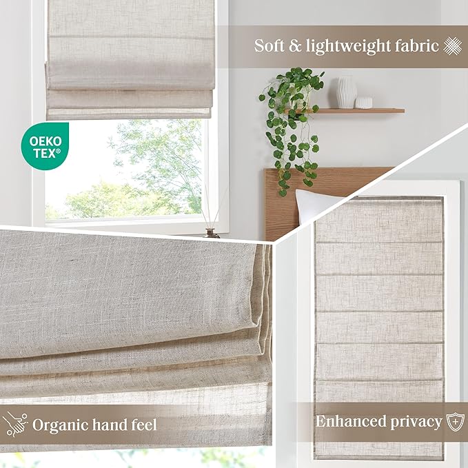 Madison Park Kyler Cordless Roman Shades - Single Panel, Lightweight Linen Blend Fabric, Natural Design, Easy Installation, Light Filtering Window Blind, Bedroom, Living Room Decor 35"W x 64"H Natural