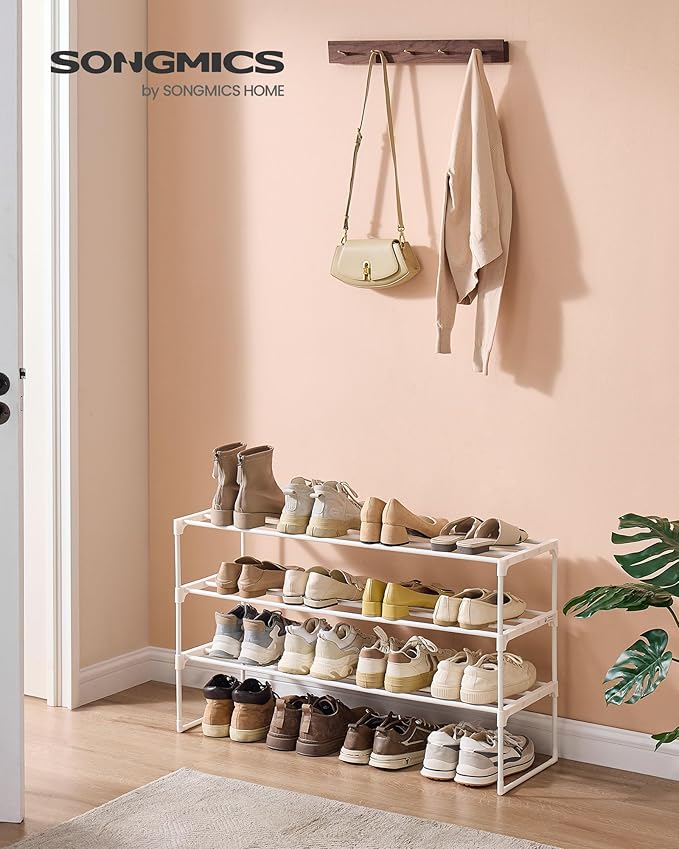 SONGMICS Shoe Rack, 3-Tier Shoe Organizer, Metal Storage Shelf, Upright or Upside Down, for 16-20 Pairs, Stackable, for Entryway, 11.8 x 36.2 x 21.7 Inches, Pearl White ULSA303W03