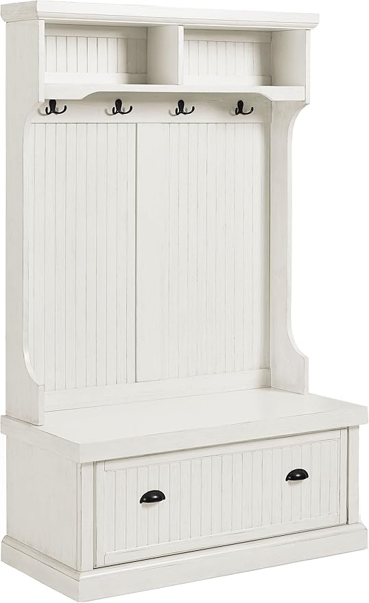 Crosley Furniture Seaside Hall Tree with Shoe Rack Bench and Coat Hooks for Hanging Storage, Distressed White