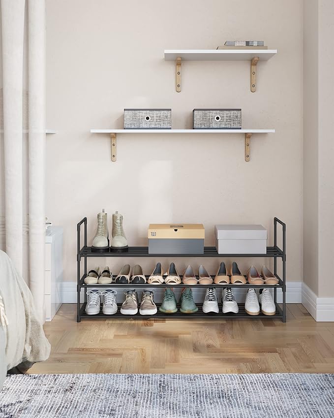 SONGMICS Shoe Rack, 3-Tier Shoe Organizer, Metal Storage Shelf, Upright or Upside Down, for 20-24 Pairs, Stackable, for Entryway, 11.8 x 46.1 x 21.7 Inches, Black ULSA033B01