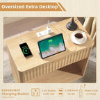 LEYAOYAO 31" Wide Fluted Nightstand with Charging Station, Oversized Extra Large 1 Drawer Night Stand with Golden Handle, Natural Wood Bedside Table Tall End Tables,for Bedroom, Living Room, Hallway