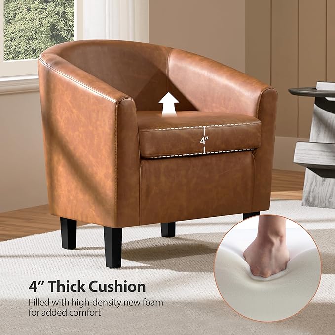 Yaheetech Brown Accent Chairs Set of 2, Faux Leather Barrel Chairs, Comfy Modern Leather Club Armchairs with Soft Seat for Living Room Bedroom Reading Waiting Room, Brown