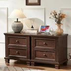 Farmhouse Nightstand Set of 2, Rustic Low Nightstands with 2 Drawers & Charging Station, Vintage Night Stands with 4 Square Solid Wood Legs, Small Dresser for Bedroom, Home, Walnut