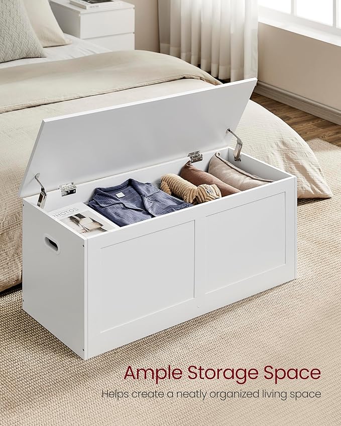 VASAGLE Storage Chest, Storage Trunk with 2 Safety Hinges, Storage Bench, Shoe Bench, Farmhouse Style, 15.7 x 39.4 x 18.3 Inches, for Entryway, Bedroom, Living Room, Cloud White ULSB164W01