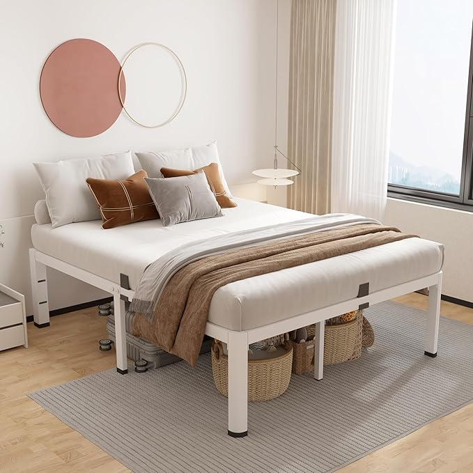 ROIL 14 Inch White Full Size Bed Frame with Rounded Corner and Headboard Hole Mattress Retainers 3500LBS Heavy Duty Steel Slats No Box Spring Needed Platform Noise-Free Easy Assembly
