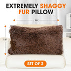 Cheer Collection Throw Pillows for Couch and Bed, Soft Shaggy Throw Pillows with Inserts Included, Cozy Long Hair Faux Fur Pillows - Set of 2-12" x 20" - Chocolate