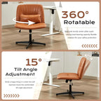 URRED Criss Cross Office Chair, Armless Cross-Legged Desk Chair with Fixed Legs, Height Adjustable Wide Seat Task Vanity Chair for Home Office or Bedroom (Brown)