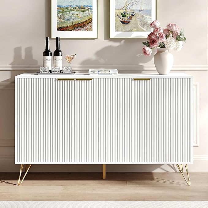 Fluted Buffet Cabinet,Wooden Console Storage with 3 Doors and Adjustable Shelves,White Sideboard for Entryway,Kitchen,Bathroom,Home Office