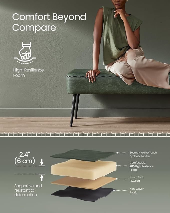 VASAGLE EKHO Collection - Bench for Entryway Bedroom, Synthetic Leather with Stitching, Ottoman Bench with Steel Legs, Living Dining Room, Mid-Century Modern, Loads 660 lb, Forest Green ULOM076C01