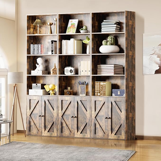 Bookshelf, 6-Tier Floor Bookcase with 2 Bottom Doors, 9.29"x23.62"x70.86", Storage Cabinet Bookshelves for Home Office, Living Room, Bedroom-Brown