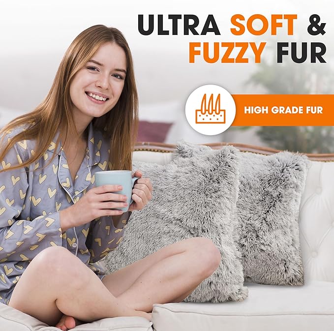 Cheer Collection Throw Pillows for Couch and Bed, Soft Shaggy Throw Pillows with Inserts Included, Cozy Long Hair Faux Fur Pillows - Set of 2-20" x 20" - Gray