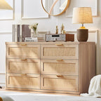 LEYAOYAO Rattan 6 Drawer Dresser for Bedroom Set of 2, Boho 54" Wide Natural Wood Dresser Chest of Drawers, Dressers TV Stand with Metal Handle, Storage Dressers Closet Organizer for Living Room