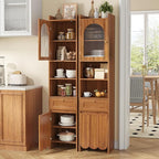 Maupvit 68” Tall Bathroom Storage Cabinet, Narrow Freestanding Cabinet with Fluted Glass Door and Drawer, 3-Tier Adjustable Shelves, Wave-like Panel, 14.9" Wide for Small Space, 8 Compartments, Walnut